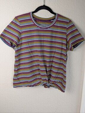 Madewell 100% Cotton Tee L Rainbow Stripes Front Knot Short Sleeve Casual Fun
